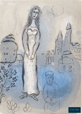 dessin représentant une femme en robe blanche debout devant un château