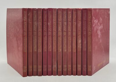 a set of six red books on a white surface