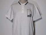 a white polo shirt with a black and white stripe on the collar