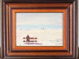a painting of a man sitting on a bench on the beach