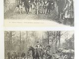 two black and white photos of a group of people on horses and dogs