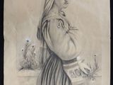 an old drawing of a woman with a book in her hand