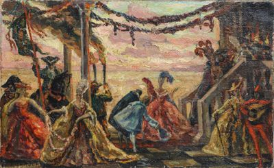 an oil painting of a group of people standing around a pole