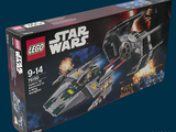 une boîte contenant des sets Lego Star Wars sur fond bleu