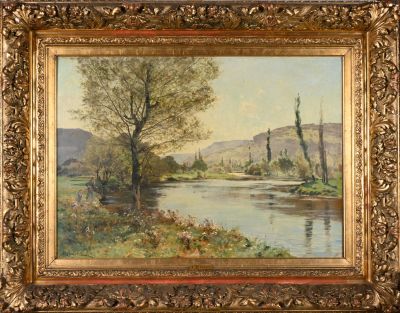 an image of a painting of a river with trees in the foreground
