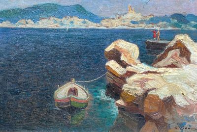 un tableau représentant un bateau amarré à un rocher au bord de l'eau