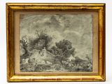an old picture of a landscape with sheep and trees in the foreground