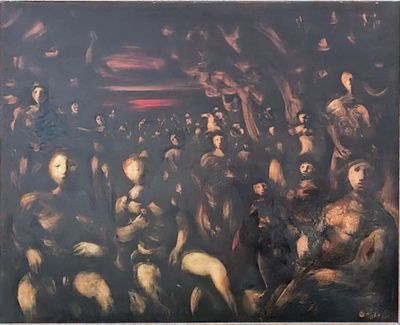un tableau représentant un groupe de personnes dans une pièce sombre