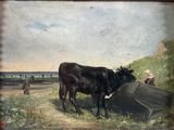 a painting of a cow standing next to a boat on the beach