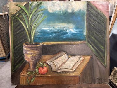 un tableau représentant une fenêtre ouverte, avec un livre et une pomme posés sur une table