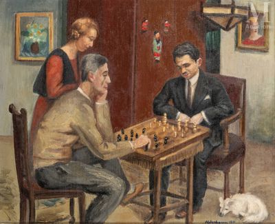 a painting of a man playing chess with two women and a cat