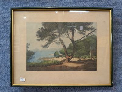 framed picture of a painting of a tree on a beach