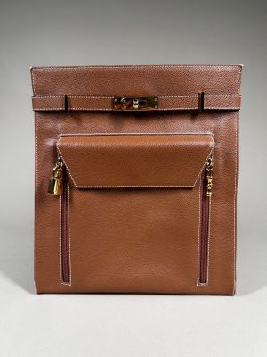 a brown leather briefcase with two zippers and a gold clasp