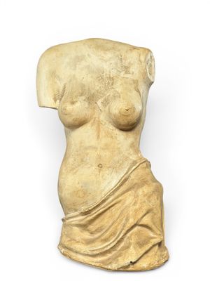 a sculpture of a woman ' s torso is shown against a white background