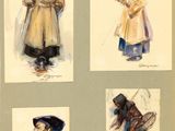 sketches of a man in a hat, coat, coat, and hat