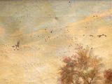 a painting of cows grazing in a field with trees in the background
