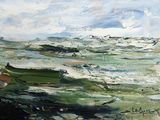 une peinture représentant un bateau dans l'eau, près du rivage