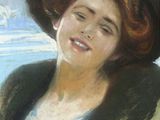 tableau représentant une femme portant un chapeau et une robe bleue