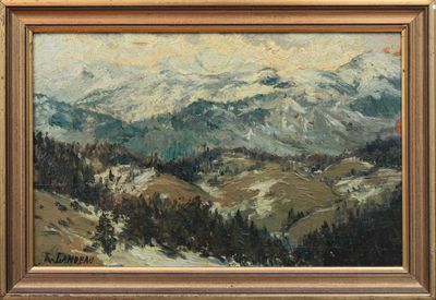 an oil painting of a snowy mountain scene with trees in the foreground