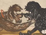 a drawing of a dog and a cat playing with each other