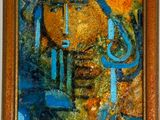 une peinture à l'huile représentant un homme portant un chapeau et un oiseau sur la tête