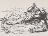 une image représentant un dessin en noir et blanc de deux personnes allongées par terre