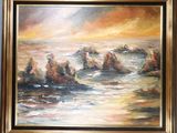 an oil painting of a sunset over the ocean with rocks in the foreground