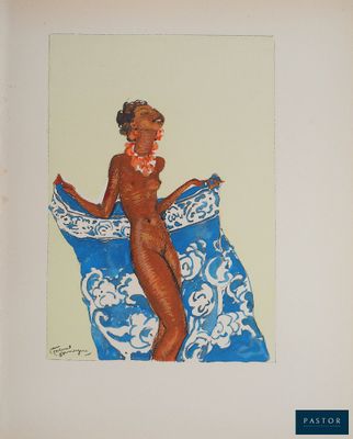 painting of a woman sitting on a blue and white towel