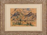 une image représentant un tableau représentant un paysage de montagne, dans un cadre