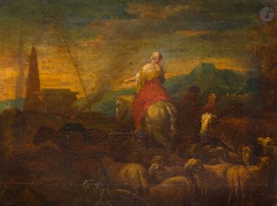 tableau représentant une femme à cheval avec un troupeau de moutons
