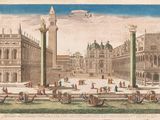 an old drawing of a city square with a clock tower in the background