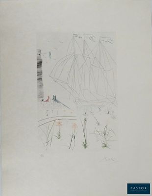 a drawing of a boat in the water on a sheet of paper
