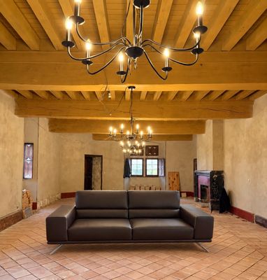 un salon avec un canapé et un lustre
