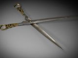a pair of scissors on a table with a black background