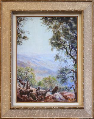 tableau représentant un troupeau de bovins dans un paysage montagneux parsemé d'arbres