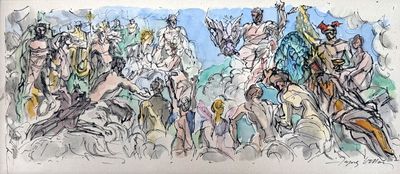 drawing of a group of people riding horses in a field