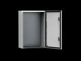 a metal enclosure with a door open on a black background