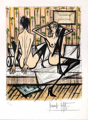 dessin représentant une femme assise sur un lit, à côté d'un homme assis sur une chaise
