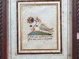 an old picture of a bird with a flower in it ' s beak