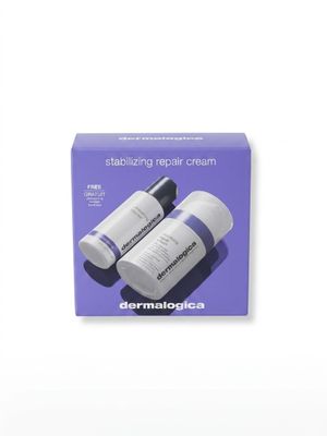 two bottles of dermacoloce sitting on top of a purple box
