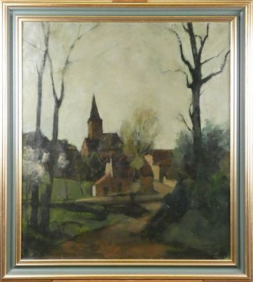 une peinture à l'huile représentant une scène de village avec une église en arrière-plan