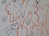 dessin représentant un homme et une femme avec une guitare devant un mur