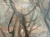 an oil painting of a horse in a field with trees in the background