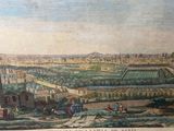 painting of a view of a city with a clock tower in the distance