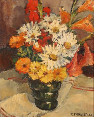 an oil painting of a vase of flowers on a table