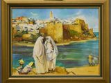 painting of a man and a woman standing on a beach next to a body of water with a castle in the background