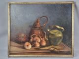 une peinture représentant une nature morte avec une théière et d'autres objets