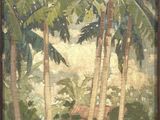 painting of a tropical scene with palm trees and a hut in the distance