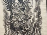 an image of a drawing of an angel holding a bunch of flowers