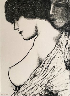 drawing of a woman in a hat with a man behind her